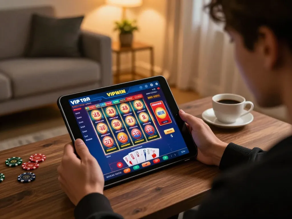 Engaging with VIPWIN com on a tablet in a cozy home setting, showcasing online gambling