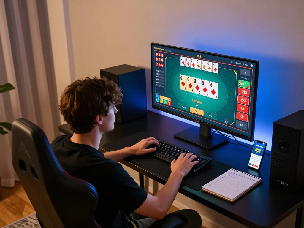 Engaging in an exciting LODE88 online poker game at a modern home gaming setup, showcasing strategy and focus