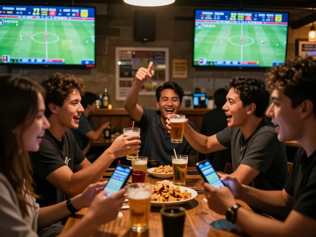 Patrons celebrating kèo nhà cái hôm nay wins at a vibrant sports bar, showcasing multiple screens and excited atmosphere.
