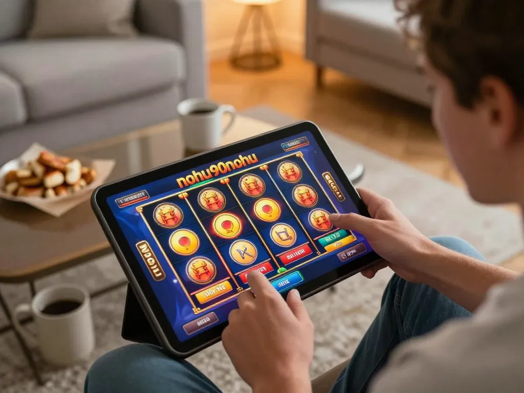 Engaging nohu90nohu slots experience on mobile in a cozy home setting