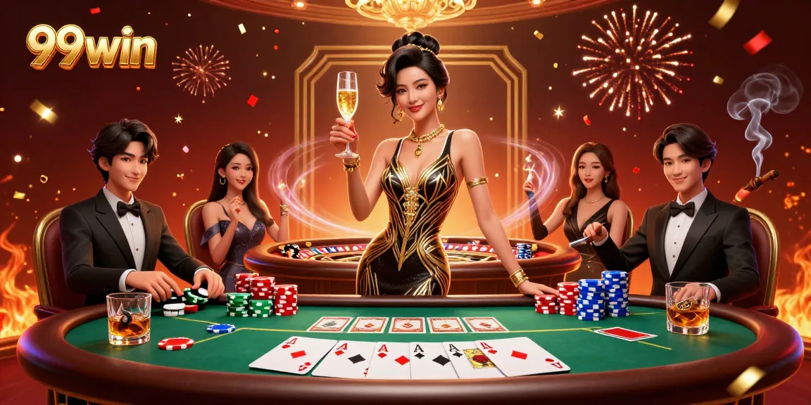 Experience thrilling wins at 99win with a glamorous casino scene, poker action, and festive celebration.