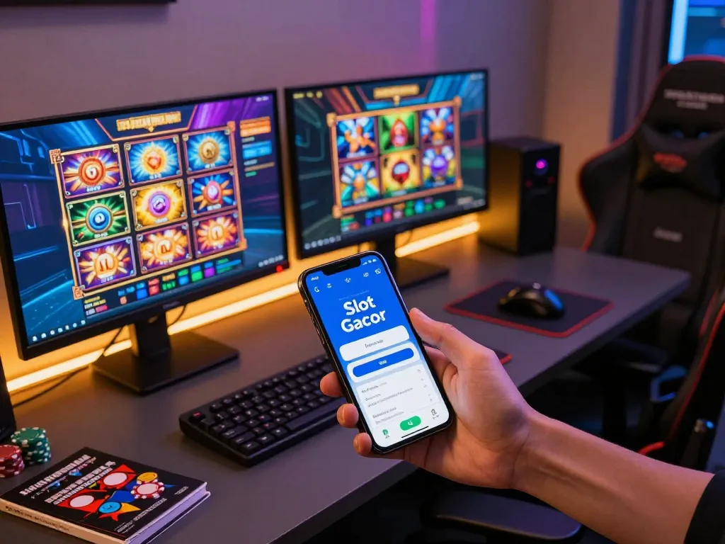 Engaging online gambling experience showcasing slot gacor hari ini on vibrant screens with modern setup.