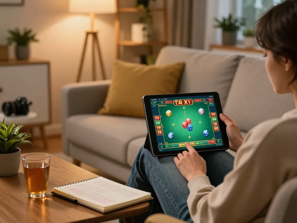 TaiXiuOnline8 user enjoying online Tài Xỉu gaming with a tablet in a cozy home setting, exemplifying responsible entertainment.