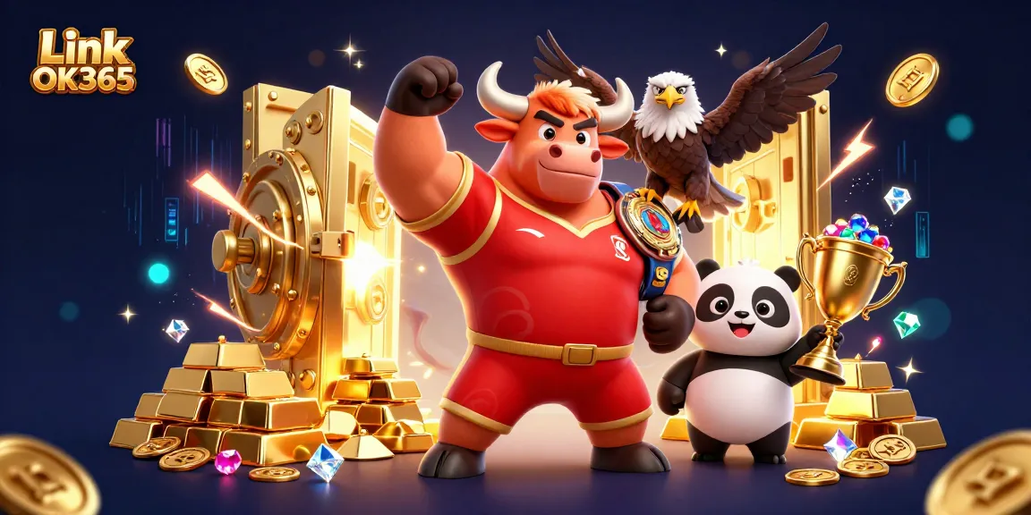 Link OK365 showcases a dynamic 3D illustration with a muscular bull mascot and treasures.