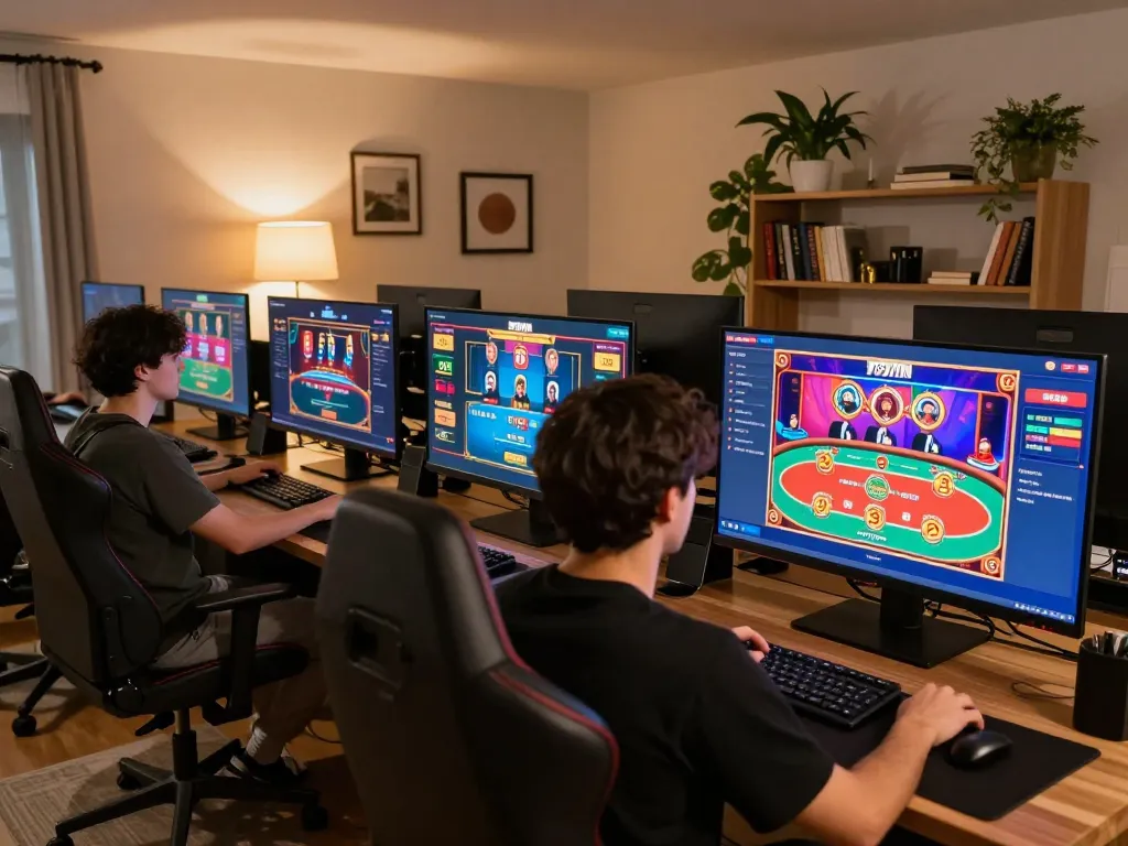 Experience online play with 789WIN showcasing exciting poker hands and vibrant slot games in a modern setup