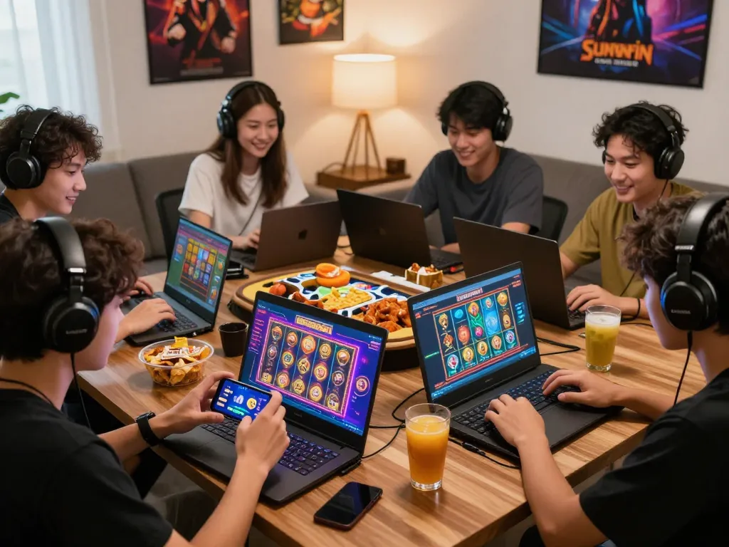 Players excitedly tải sunwin app in a vibrant online gaming environment filled with interactive games and cozy ambiance.