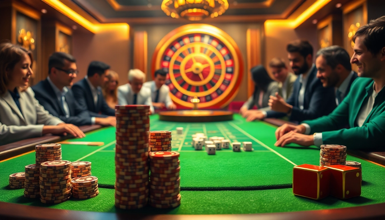 Players engaged in high-stakes gambling at a JBO-themed casino table, with vibrant chips and dice.