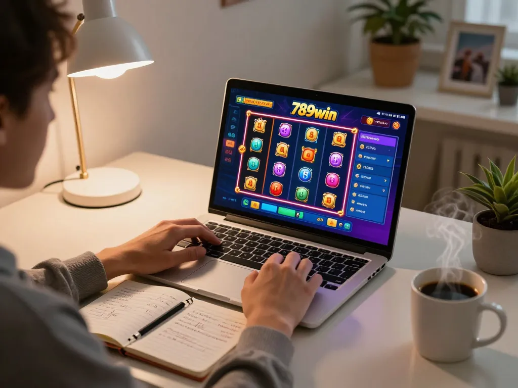 Engaging with 789win online slots on a laptop, cozy home gaming environment.