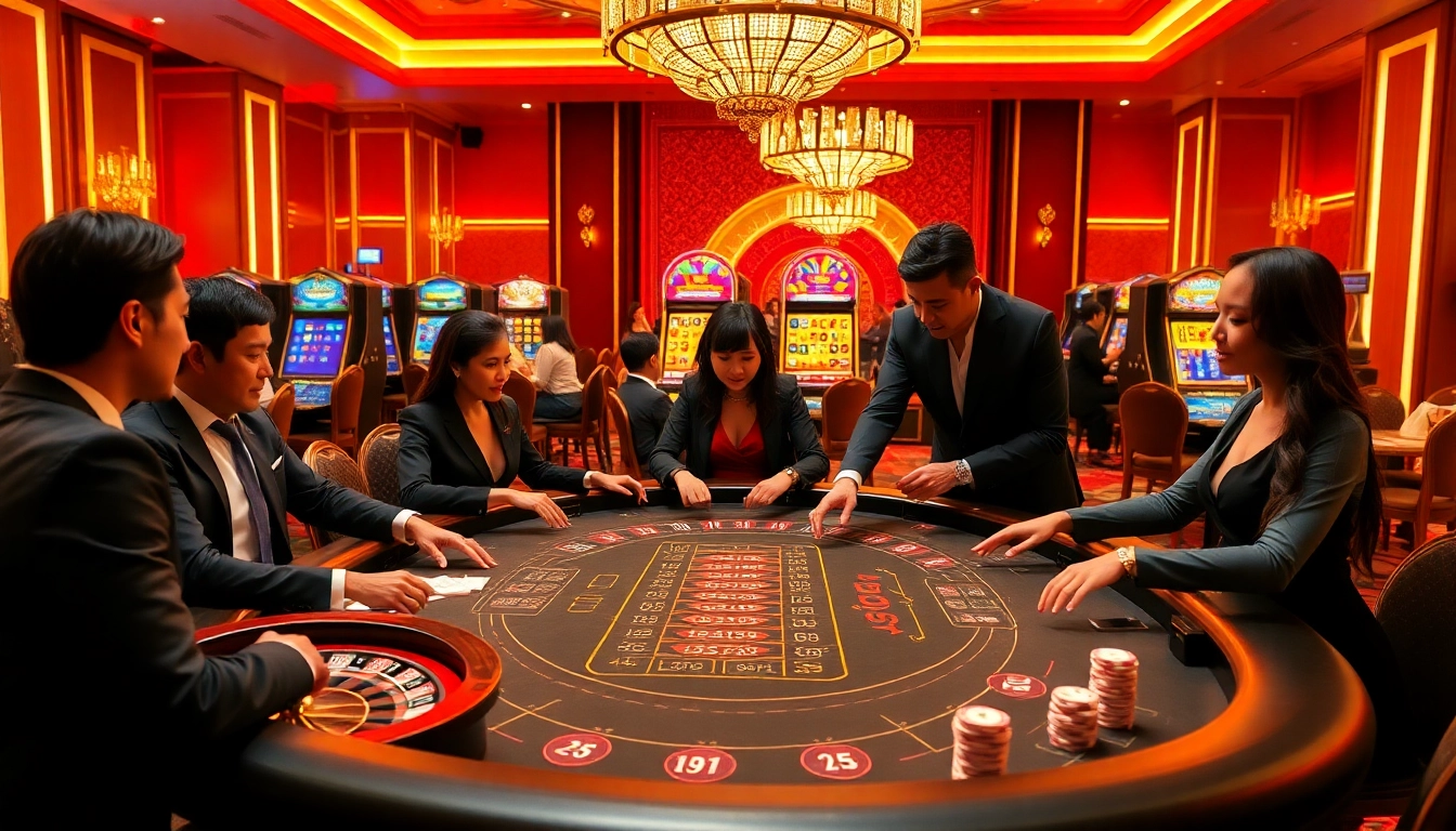 RR88 players enjoying an exhilarating poker game at a luxurious casino table.