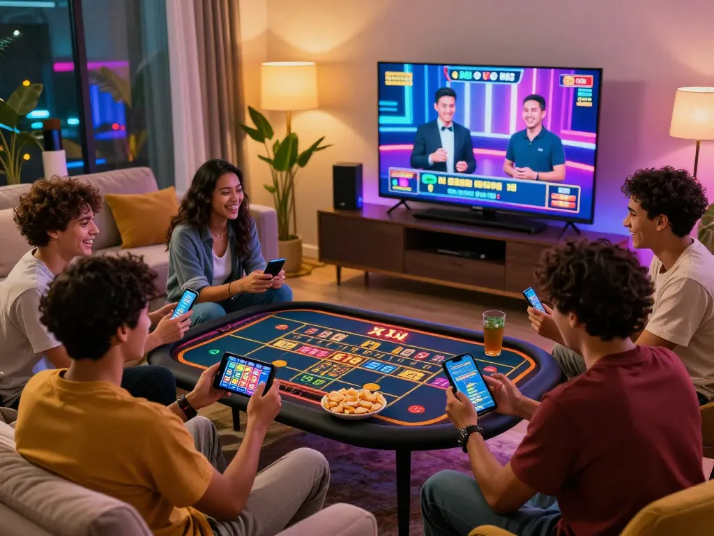 Exciting gaming experience with friends enjoying hitclub không bị chặn in a stylish space, featuring live dealer interaction and mobile gaming.