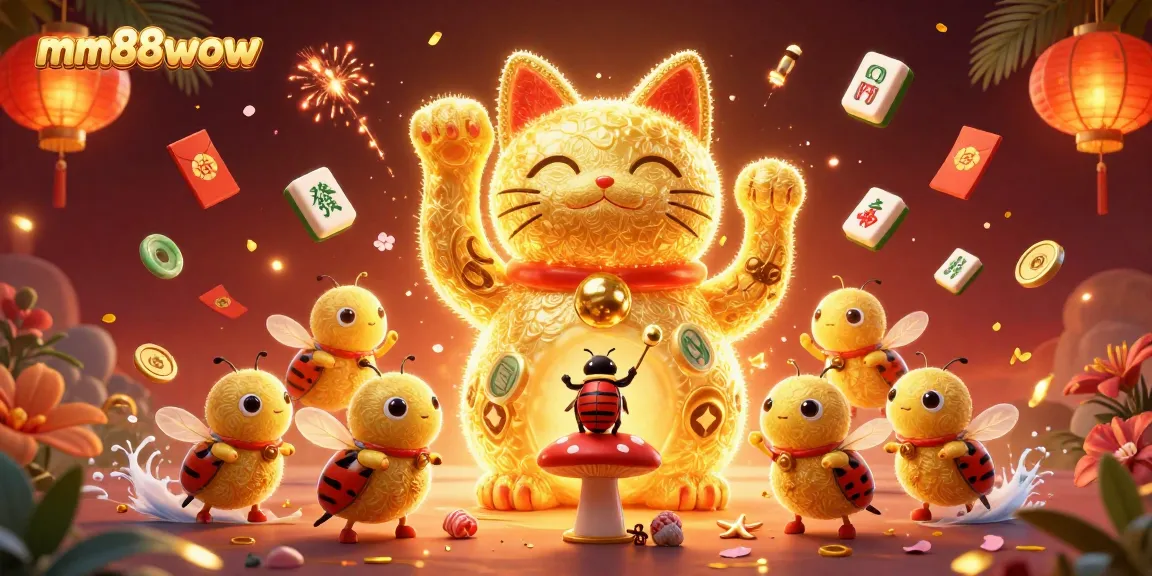 Engage with mm88wow's vibrant lucky cat and golden fireflies in a thrilling casino adventure.