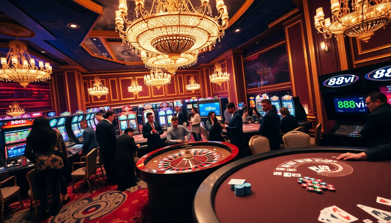 Experience the thrill of gaming at 888vi.com with excited players at a luxurious casino table.