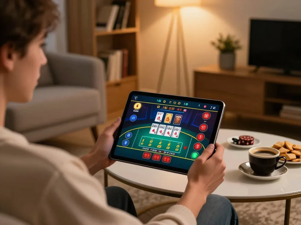 Player enjoying an online gambling experience at home with a tablet featuring nha cai uy tin in a cozy setup.