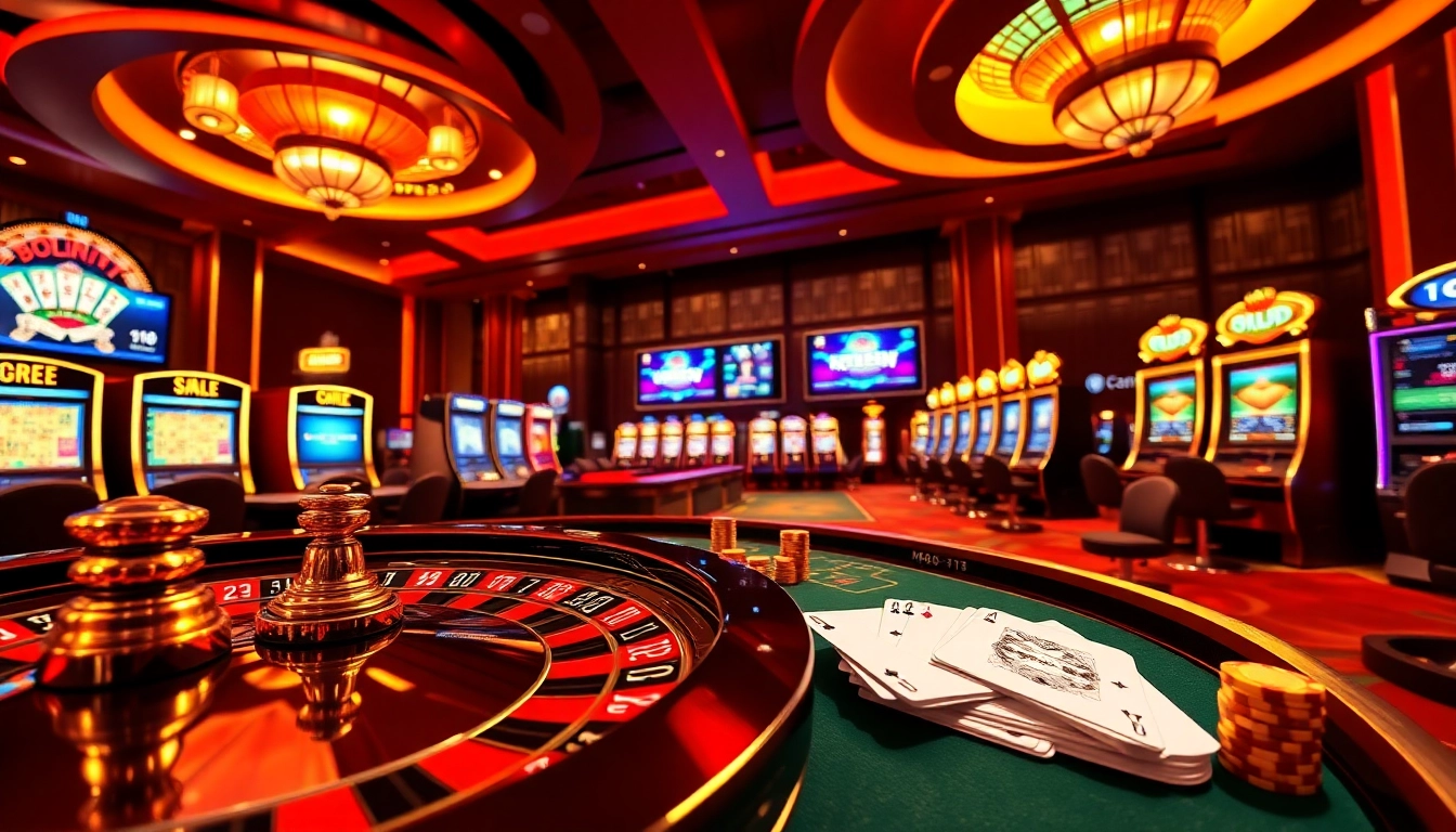 Experience the thrilling atmosphere of mb66-t.com with vibrant casino tables and luxurious gambling elements.
