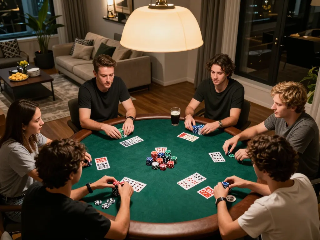 Friends enjoy a home poker game, strategizing bets while using the fed app for bankroll management