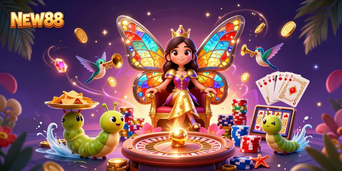 Experience winning thrills at NEW88 with dynamic casino games and vibrant characters in a spectacular scene.