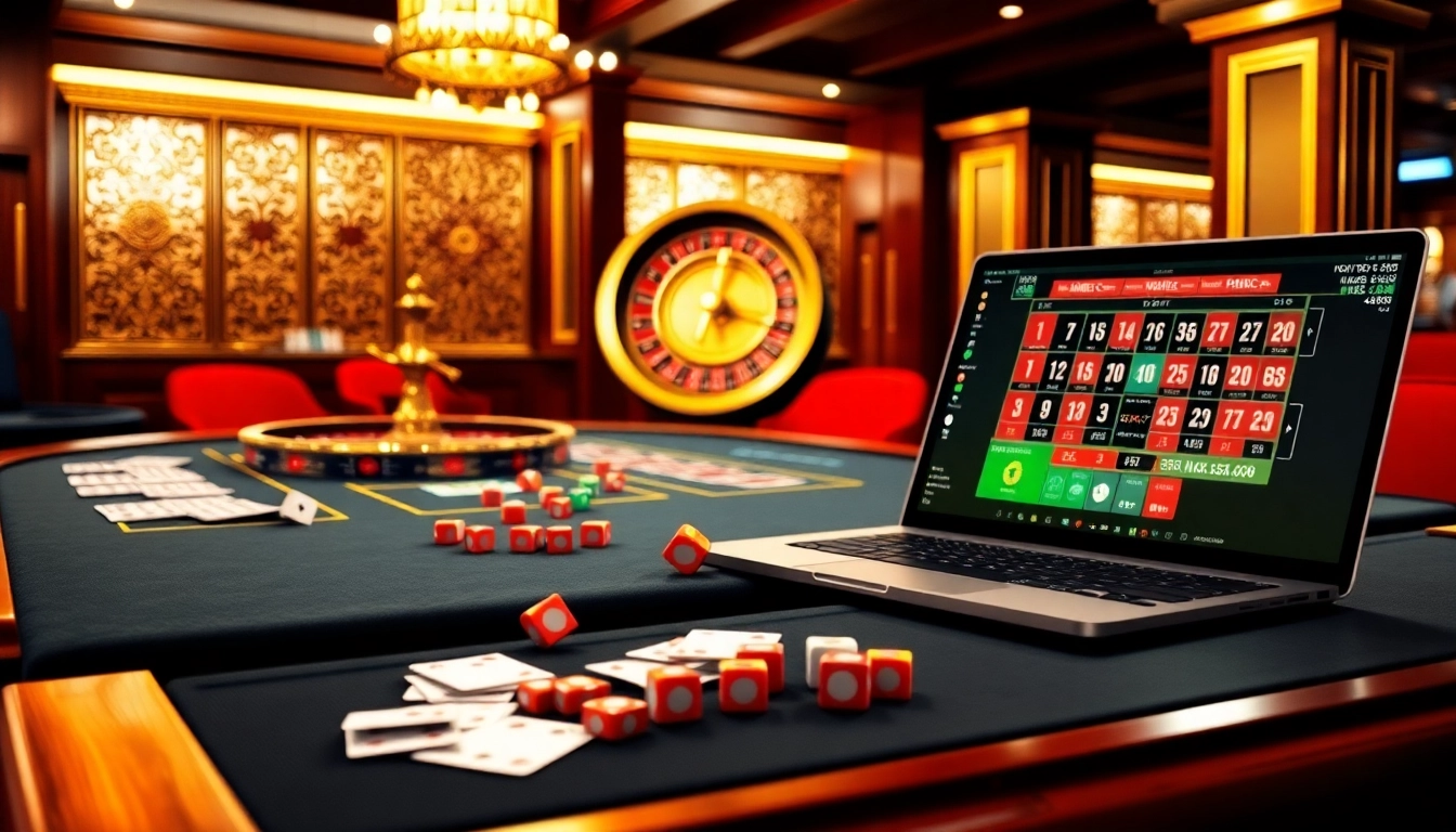 Experience thrilling gaming at https://bem88.com with a vibrant casino table featuring poker chips and cards.