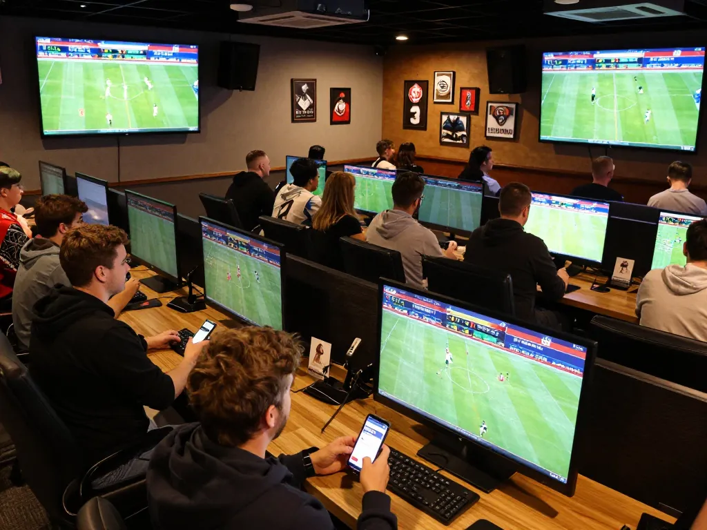Dynamic scene at Net88 sportsbook with bettors actively placing bets on live matches, capturing excitement and engagement.