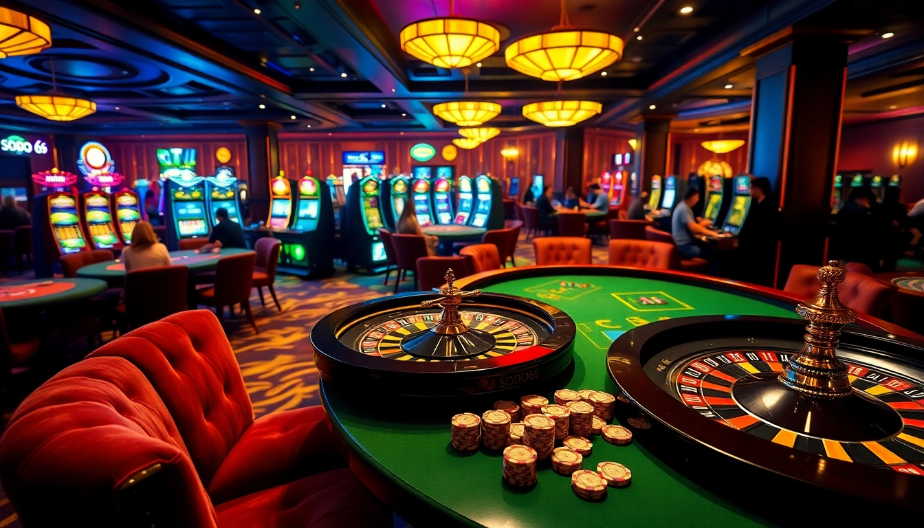 SODO66 hosts a lively gaming atmosphere with poker chips, roulette wheel, and slot machines.