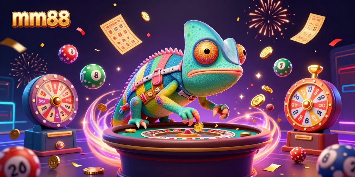 Experience winning action at mm88 with vibrant lottery balls, golden tickets, and casino games in an exciting 3D scene.