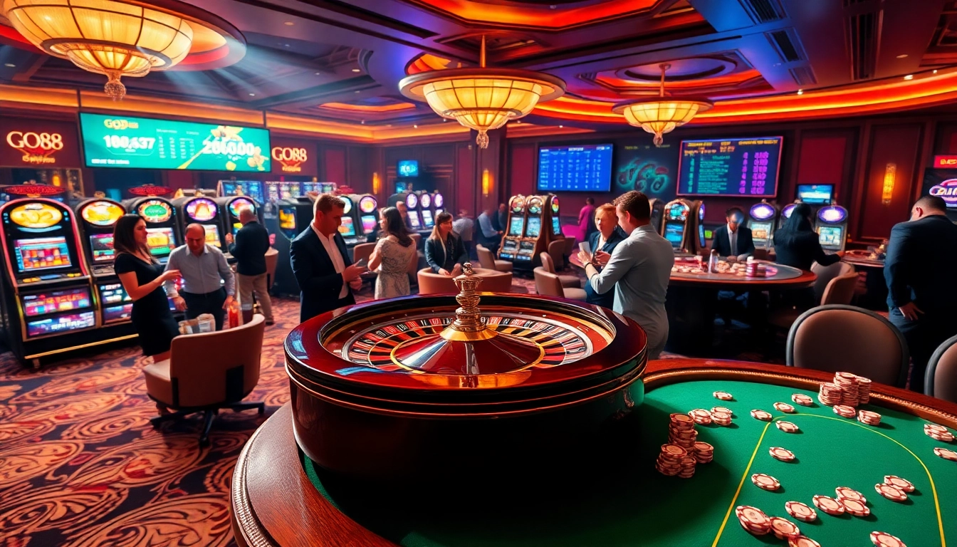 Players winning big at GO88 casino games surrounded by vibrant slot machines and roulette tables.