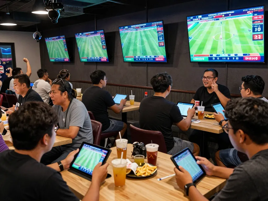 Engaged patrons analyzing betting odds for kèo nhà cái hôm nay in a vibrant sports bar atmosphere.