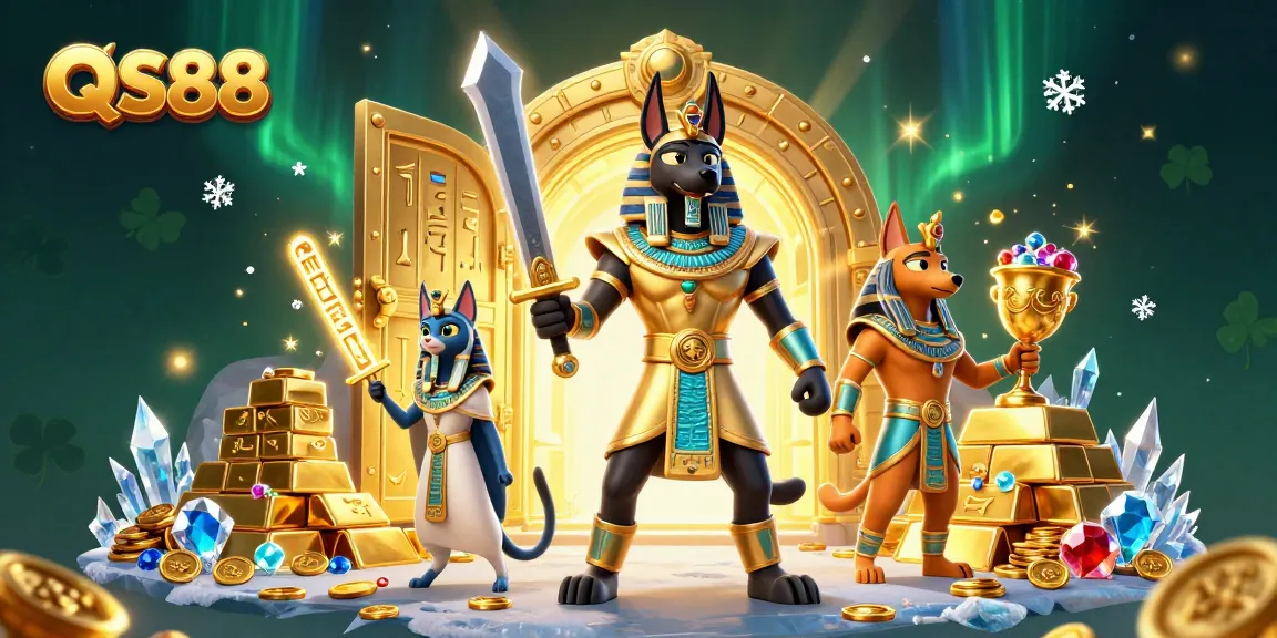 Experience thrilling wins with QS88's cartoon warriors surrounded by treasure and gaming glory