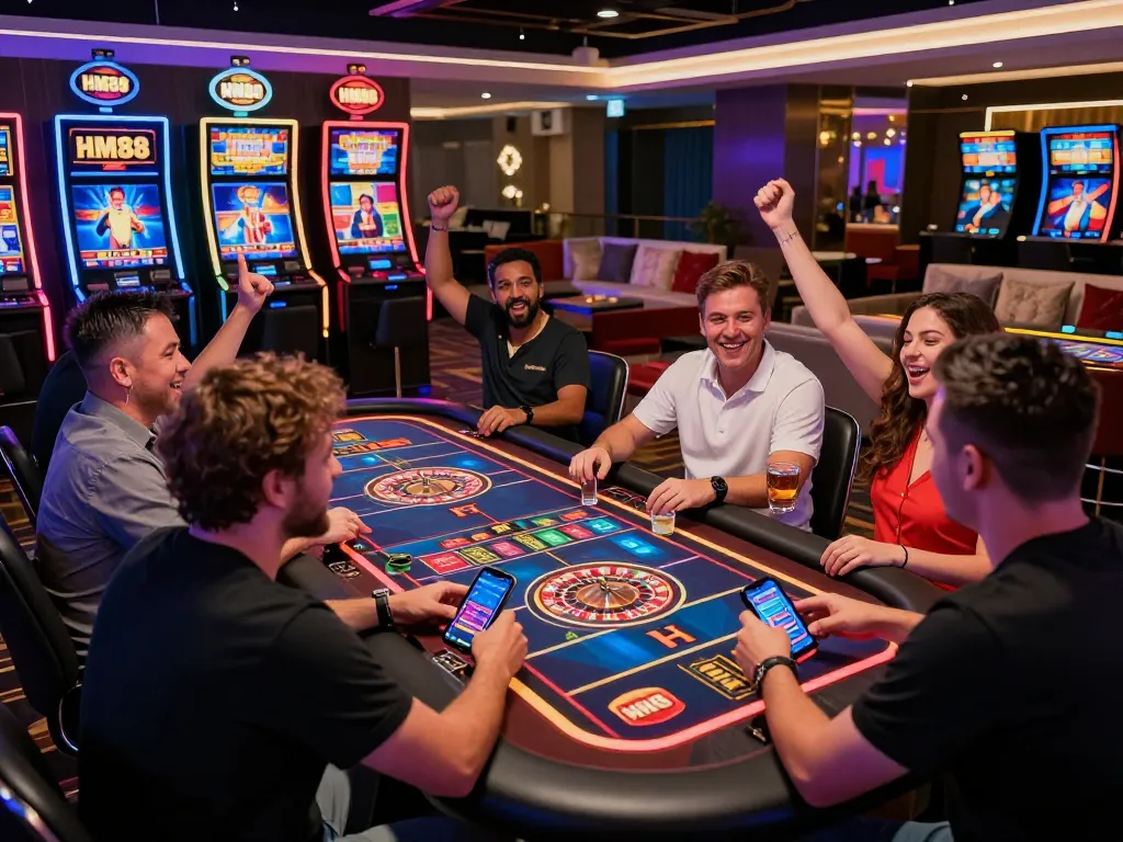 Engaging online gambling experience at HM88 with excited players around vibrant tables.