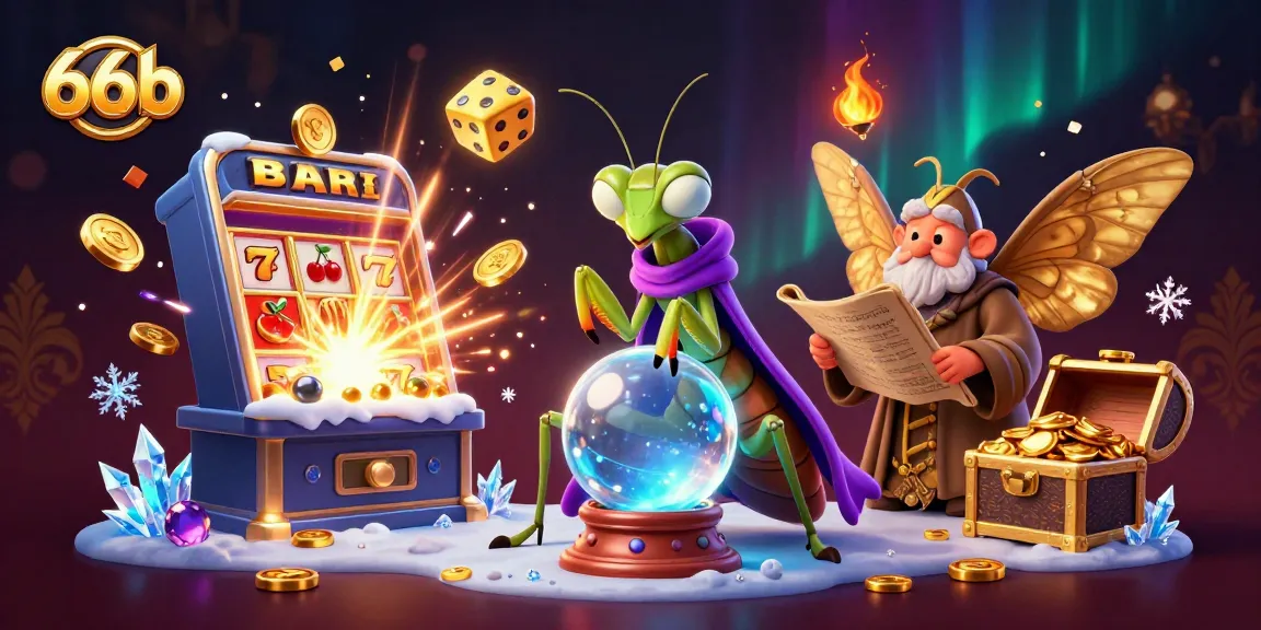 66b slot-themed fortune teller scene with magical elements and jackpot explosions in vibrant colors
