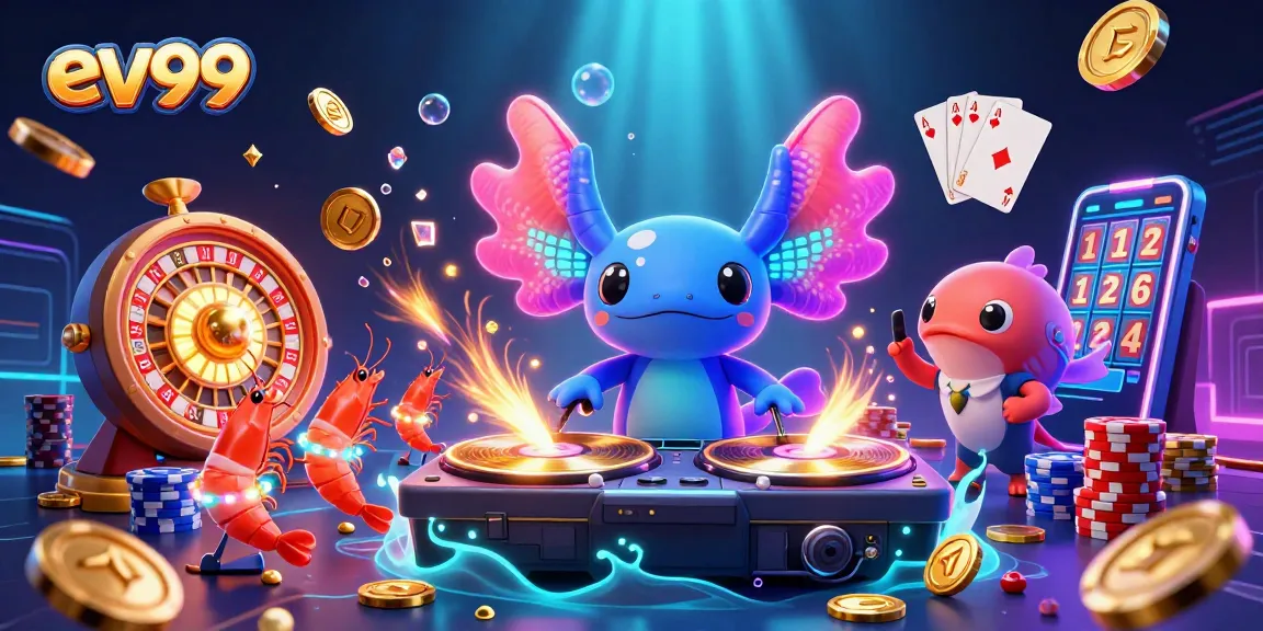 Experience the vibrant ev99 casino scene with a lively DJ, glowing shrimp, and rich game elements.