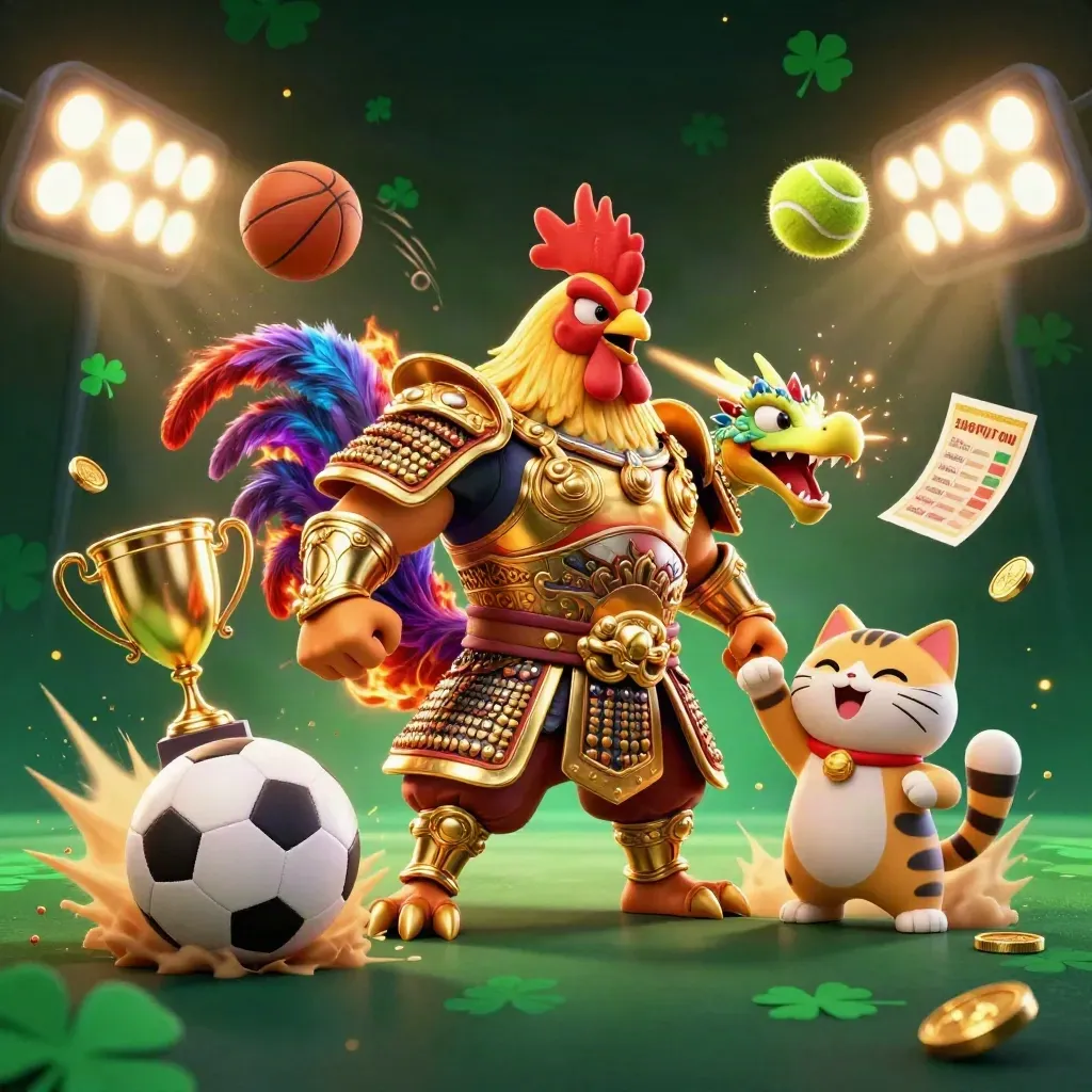 Rooster warrior, dragon hatchling and fortune-cat amid flying sports balls, coins and gold light.