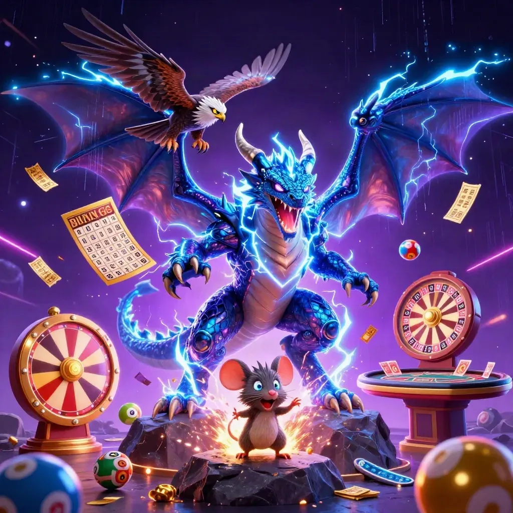 Thunder dragon, hawk and mouse in neon casino chaos with lightning, treasure and spinning games.