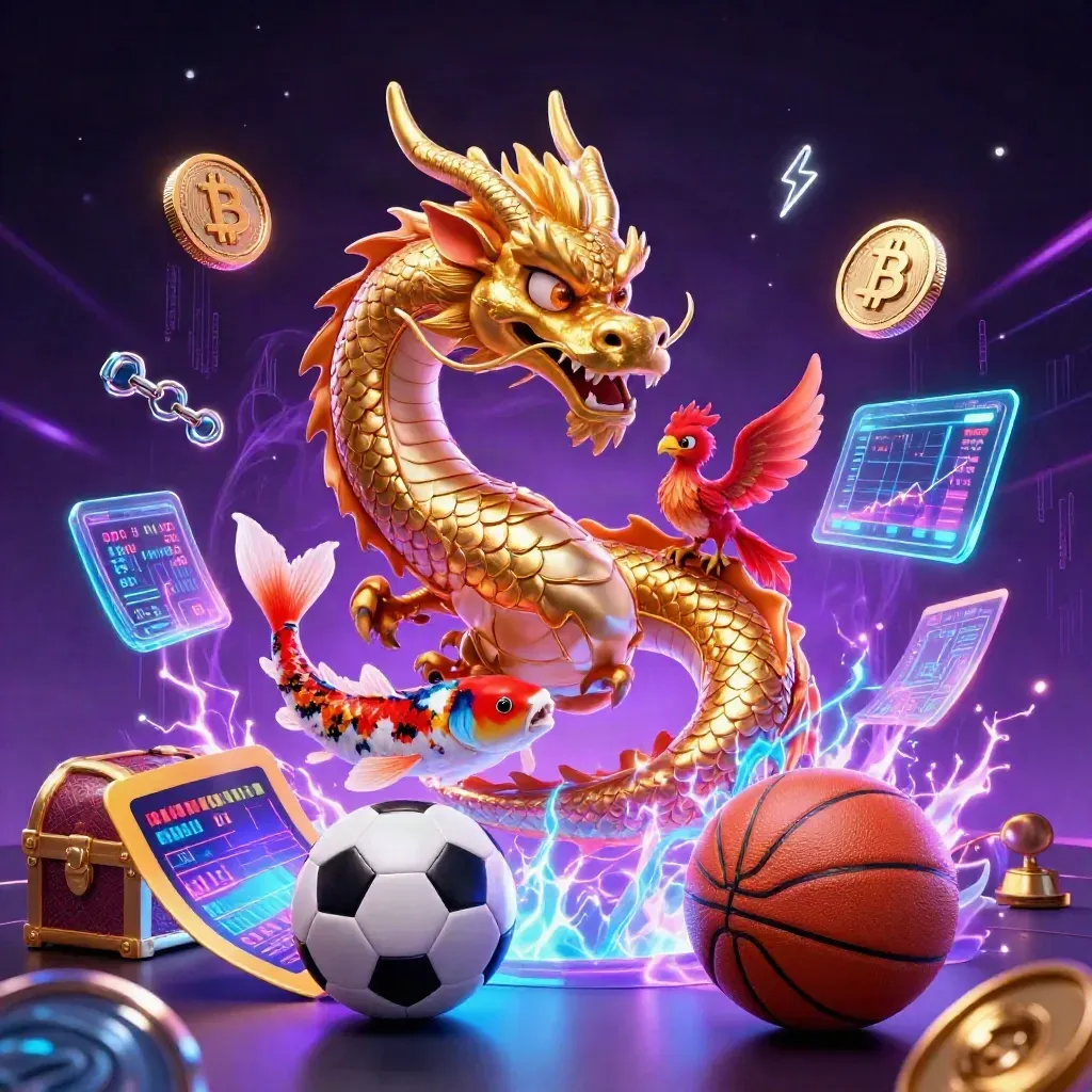 Golden dragon, phoenix, koi, sports balls and casino coins in neon purple-black fantasy key art.