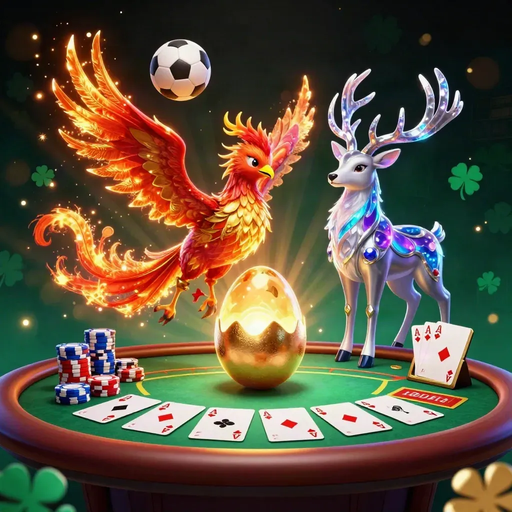 Phoenix, stag, and casino chips explode around a soccer ball in neon casino light.