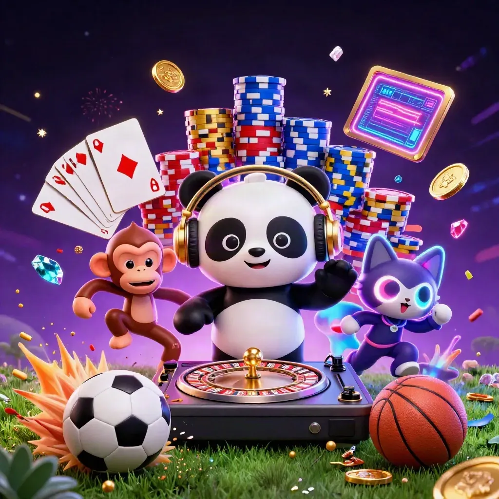 Panda DJ, monkey and glow-stick kitten burst with casino sports props in neon purple and gold