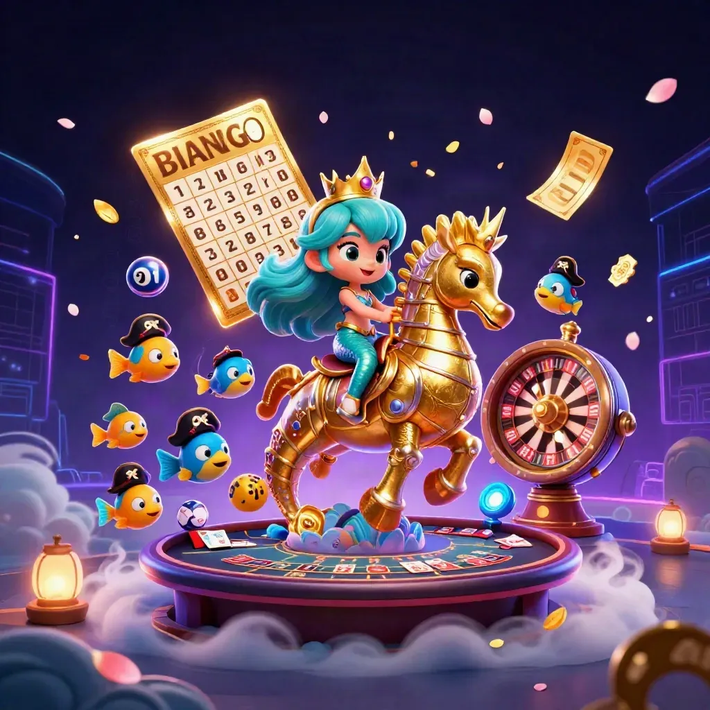 Mermaid princess on a seahorse amid casino lights, roulette wheel, cards, glowing coins and fish pirates.