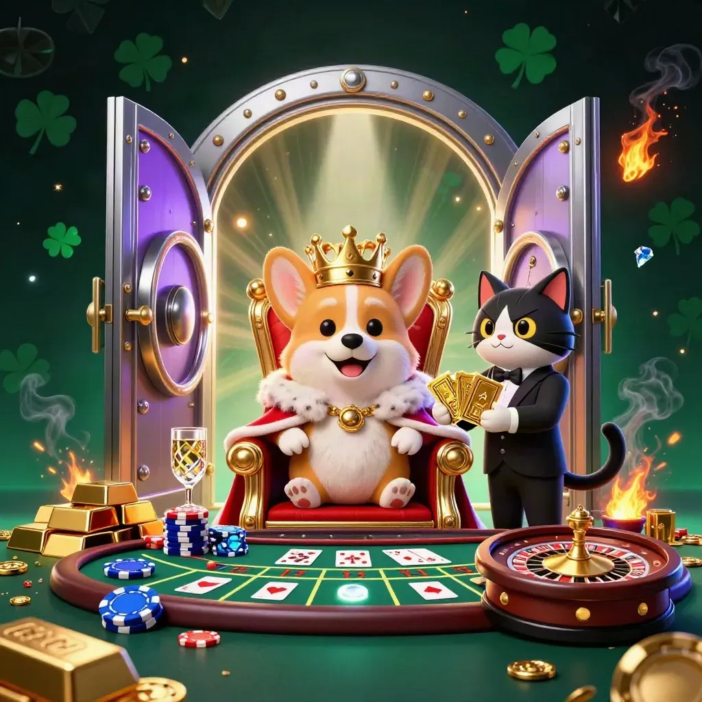 Royal corgi and cat butler in a luxe casino vault with gold, gems, and glowing lights