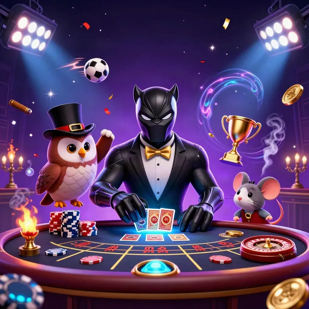 Panther, owl, and mouse in a luxe casino scene with spinning wheel, balls, trophy, coins, and fireworks.