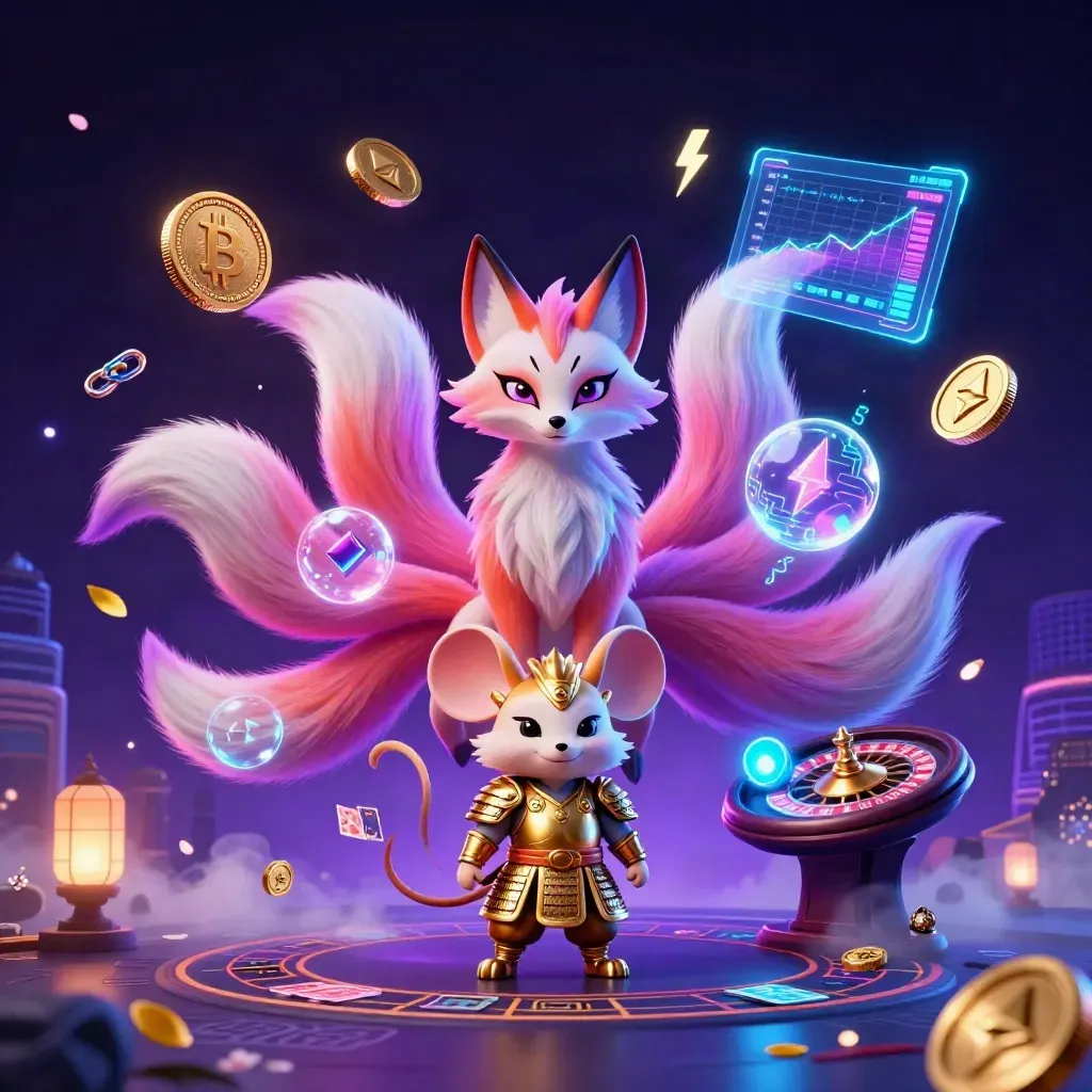 Neon fox spirit and armored mouse amid roulette, crypto coins, and casino glow