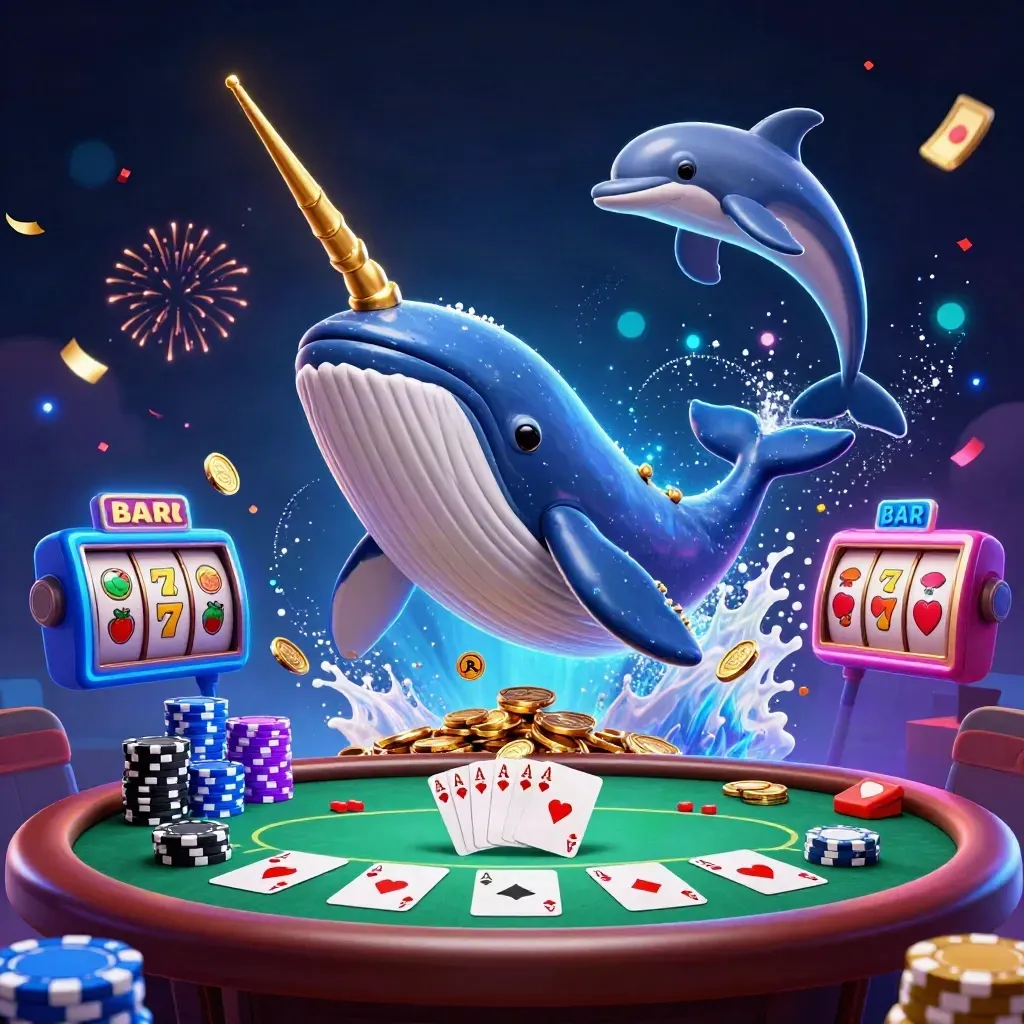 Whale captain, narwhal and dolphins burst from coins amid chips and electric-blue casino magic.