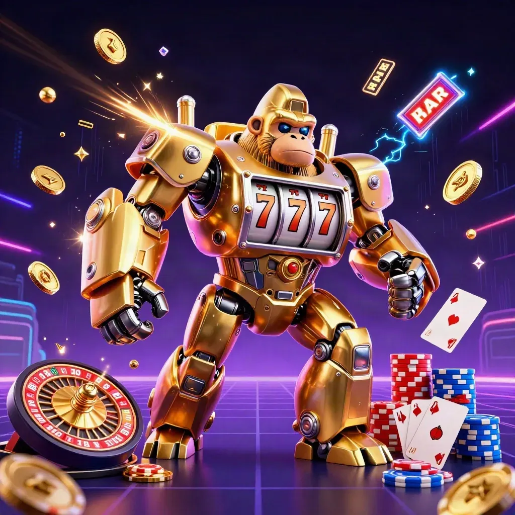 Golden gorilla mech with tiny monkey pilot amid casino coins, gems, roulette wheel and neon energy.