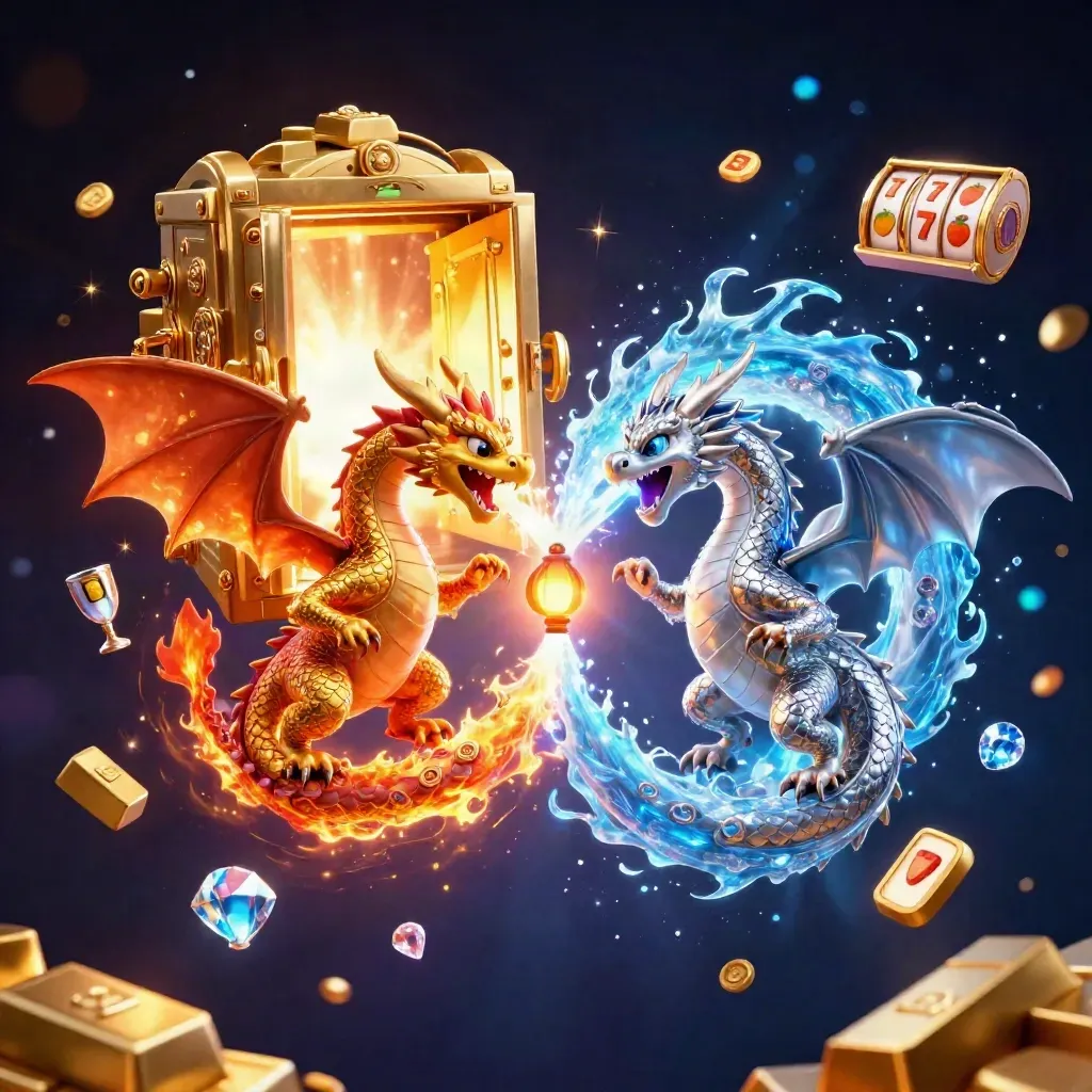 Twin gold and silver dragons clash fire and ice over a vault of treasure and neon casino light.