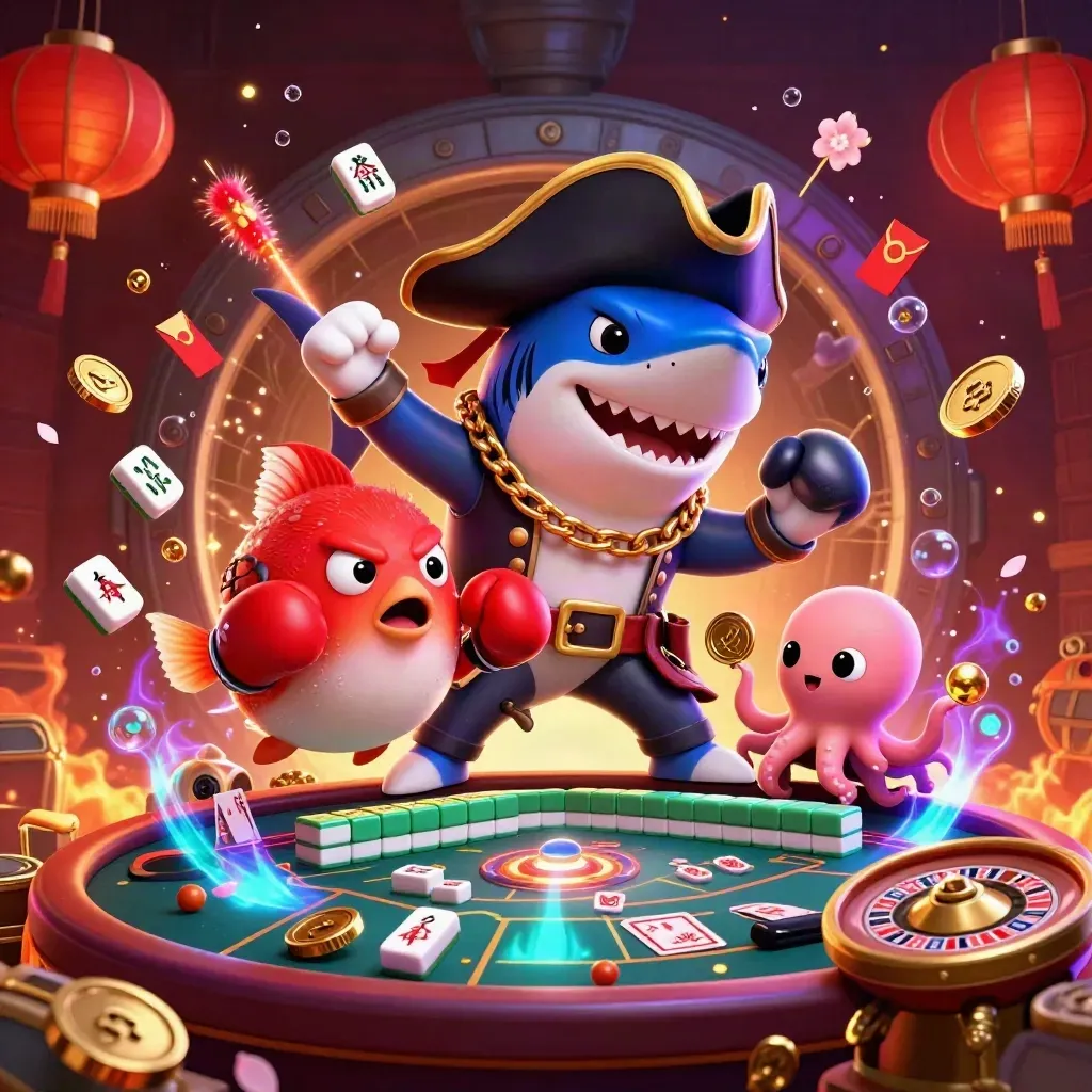 Pirate shark, boxing pufferfish, and juggling octopus amid neon casino coin bursts and fireworks.