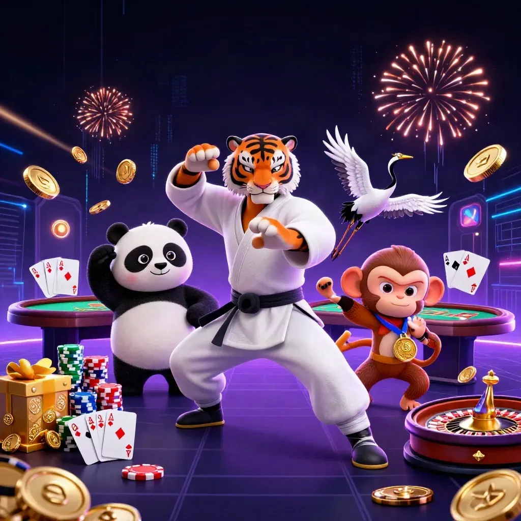 Tiger, panda, and monkey in a neon casino celebration with coins, cards, chips, and fireworks.