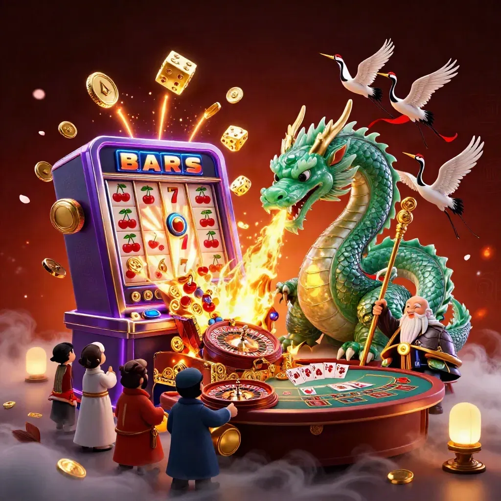 Emerald dragon, turtle sage, cranes, and casino treasures erupt in neon fire.