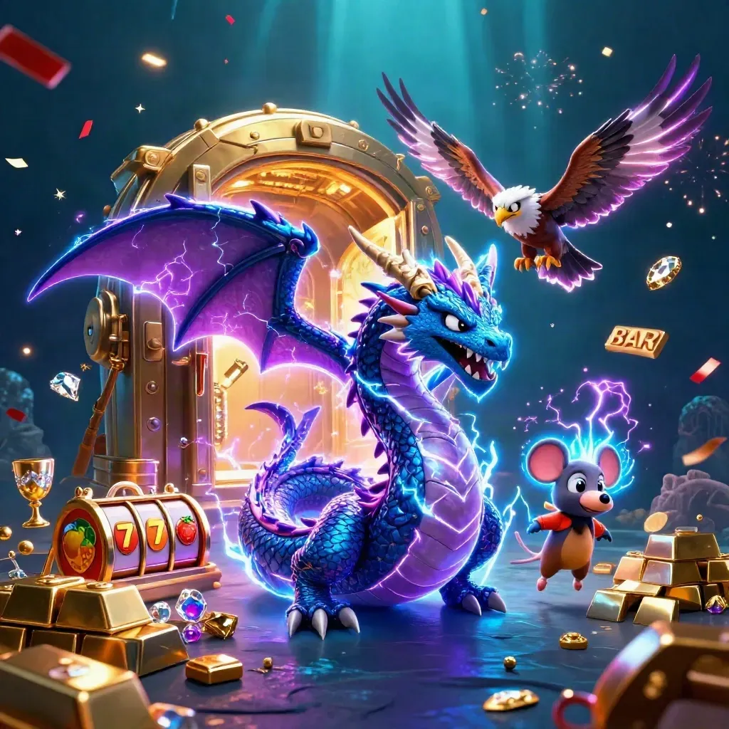 Thunder dragon, wind hawk and static mouse burst from a golden vault amid slots and jewels.