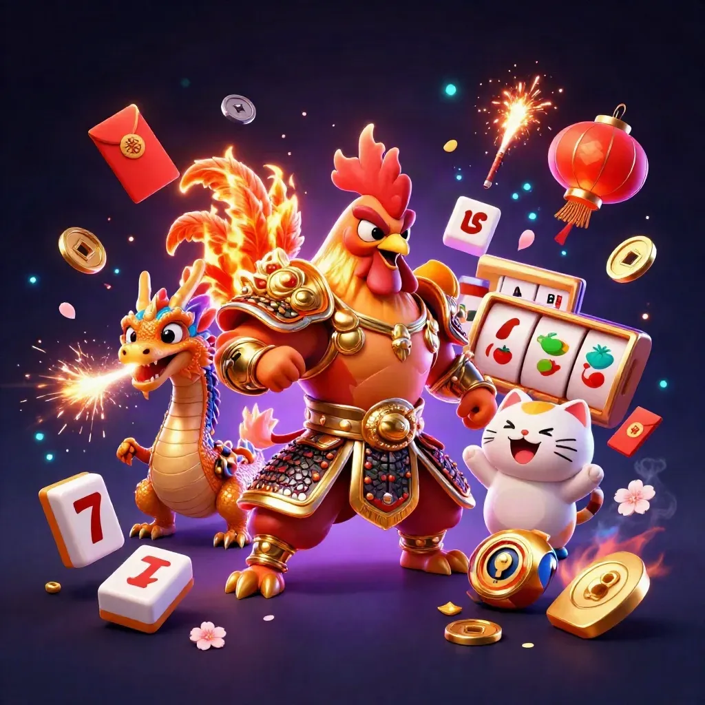 Rooster warrior, dragon hatchling and fortune cat amid casino symbols and neon sparks.