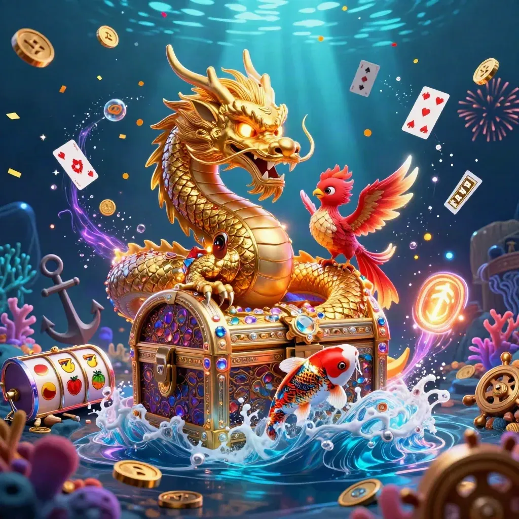 Golden dragon with phoenix and koi over treasure in neon underwater casino art