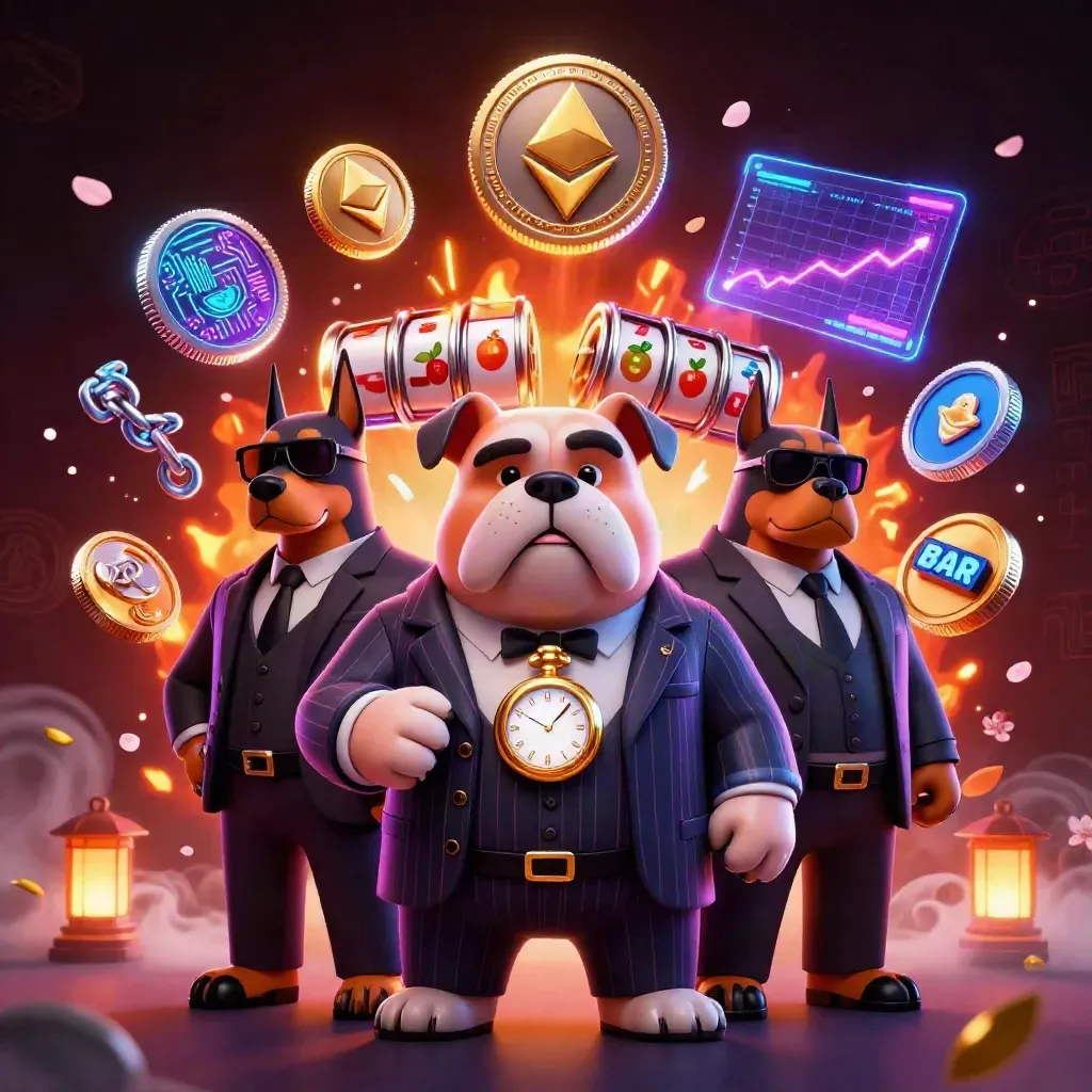 Bulldog boss and two Doberman guards amid neon coins, reels, lightning and ember glow
