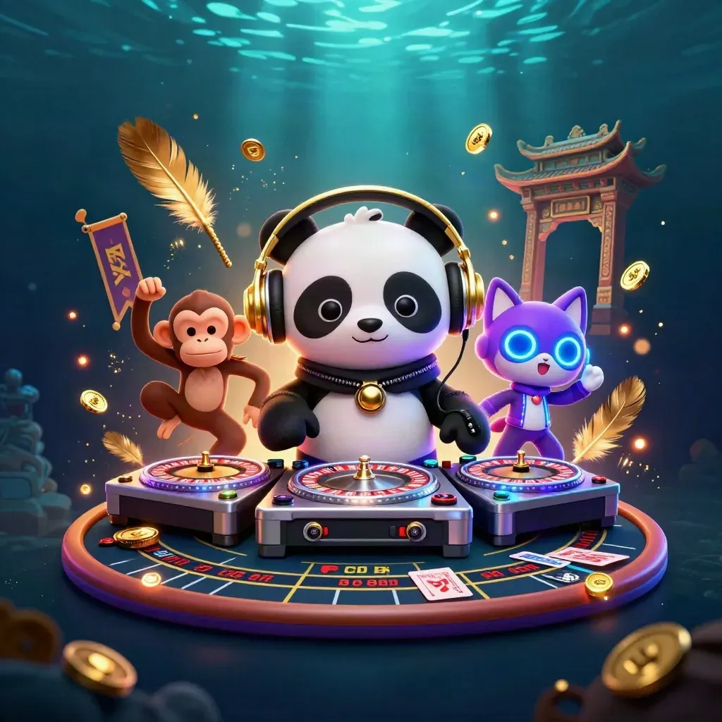 DJ panda, monkey, and neon kitten with casino lights, roulette, coins, and gold sparks.